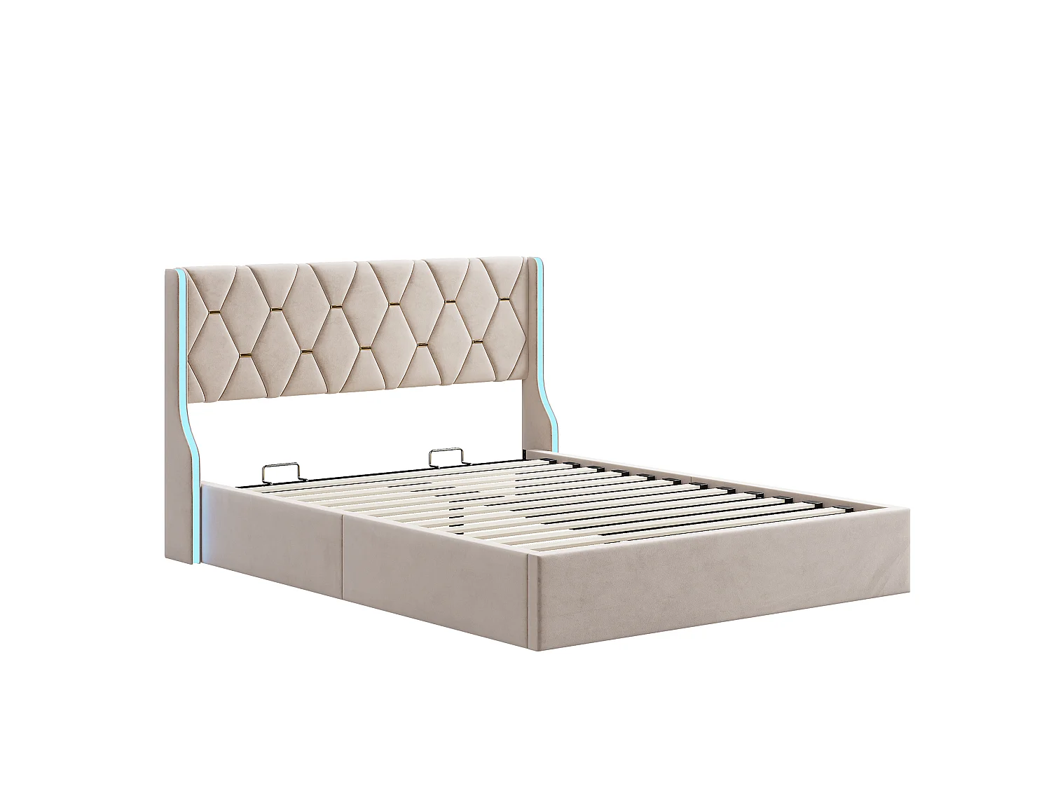 Cama Baúl Doble 140x200 cm en Terciopelo Beige con Cabecero LED RGB y Almacenamiento Integrado, Estilo Contemporáneo