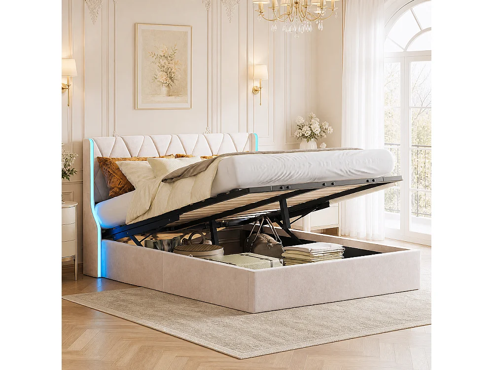 Cama Baúl Doble 140x200 cm en Terciopelo Beige con Cabecero LED RGB y Almacenamiento Integrado, Estilo Contemporáneo