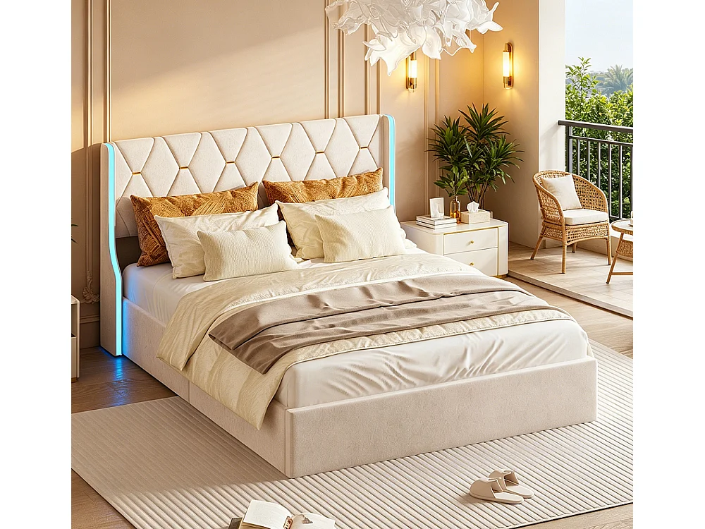 Cama Baúl Doble 140x200 cm en Terciopelo Beige con Cabecero LED RGB y Almacenamiento Integrado, Estilo Contemporáneo