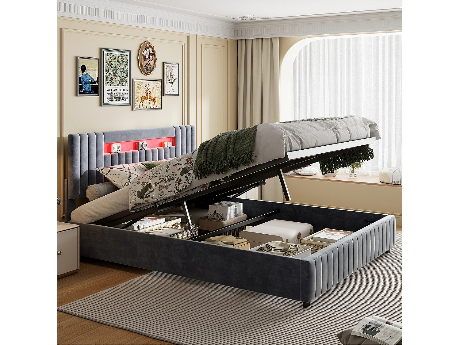 Bett mit Stauraum 140x200 cm Grau Samt mit LED-Kopfteil und Fernbedienung - XXL Stauraum, Zeitgenössisches Design