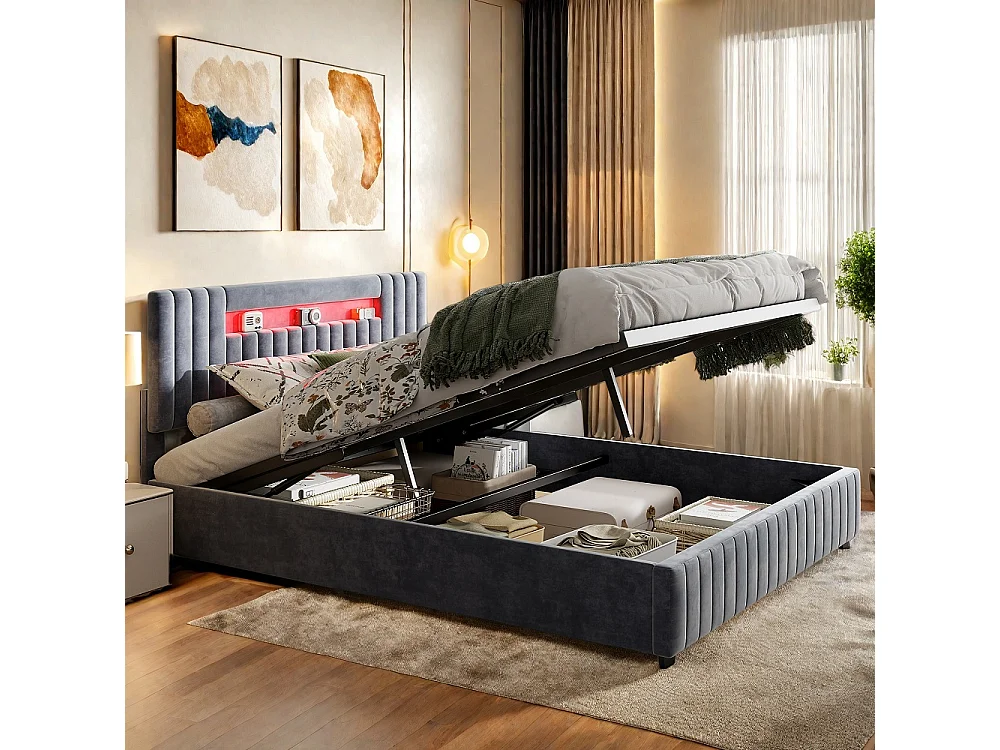 Opbergbed 140x200 cm Grijs Fluweel met LED Hoofdbord op Afstandsbediening - XXL Opbergruimte, Hedendaags Design
