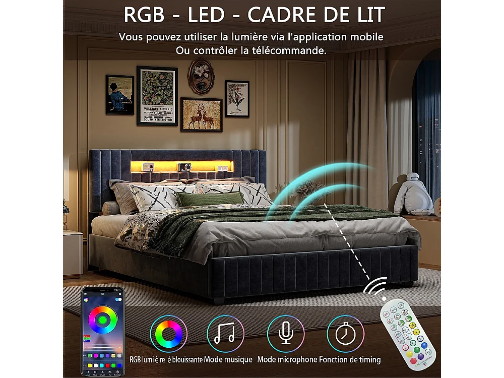 Opbergbed 140x200 cm Grijs Fluweel met LED Hoofdbord op Afstandsbediening - XXL Opbergruimte, Hedendaags Design