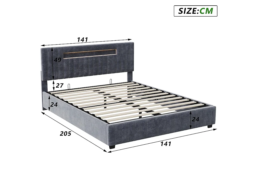 Opbergbed 140x200 cm Grijs Fluweel met LED Hoofdbord op Afstandsbediening - XXL Opbergruimte, Hedendaags Design