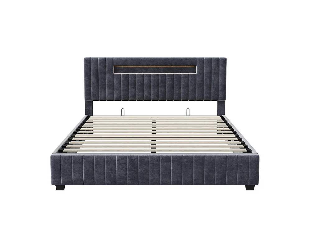 Opbergbed 140x200 cm Grijs Fluweel met LED Hoofdbord op Afstandsbediening - XXL Opbergruimte, Hedendaags Design