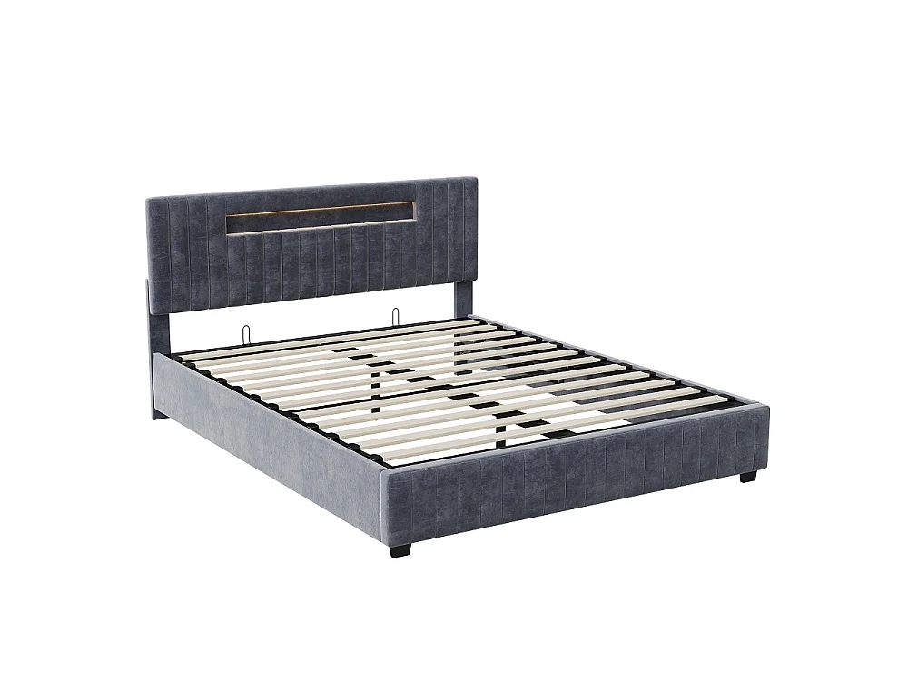 Opbergbed 140x200 cm Grijs Fluweel met LED Hoofdbord op Afstandsbediening - XXL Opbergruimte, Hedendaags Design