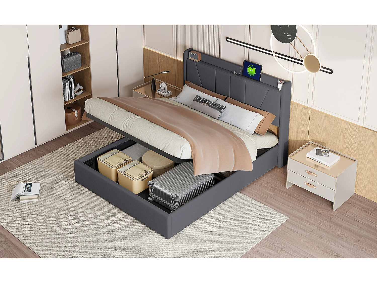 Lit Coffre Moderne avec Ccoffre de Rangement - Lit Capitonné - Cadre de Lit Double - Tête de Lit avec Port de Chargement USB - Gray - 160x200 - Linge