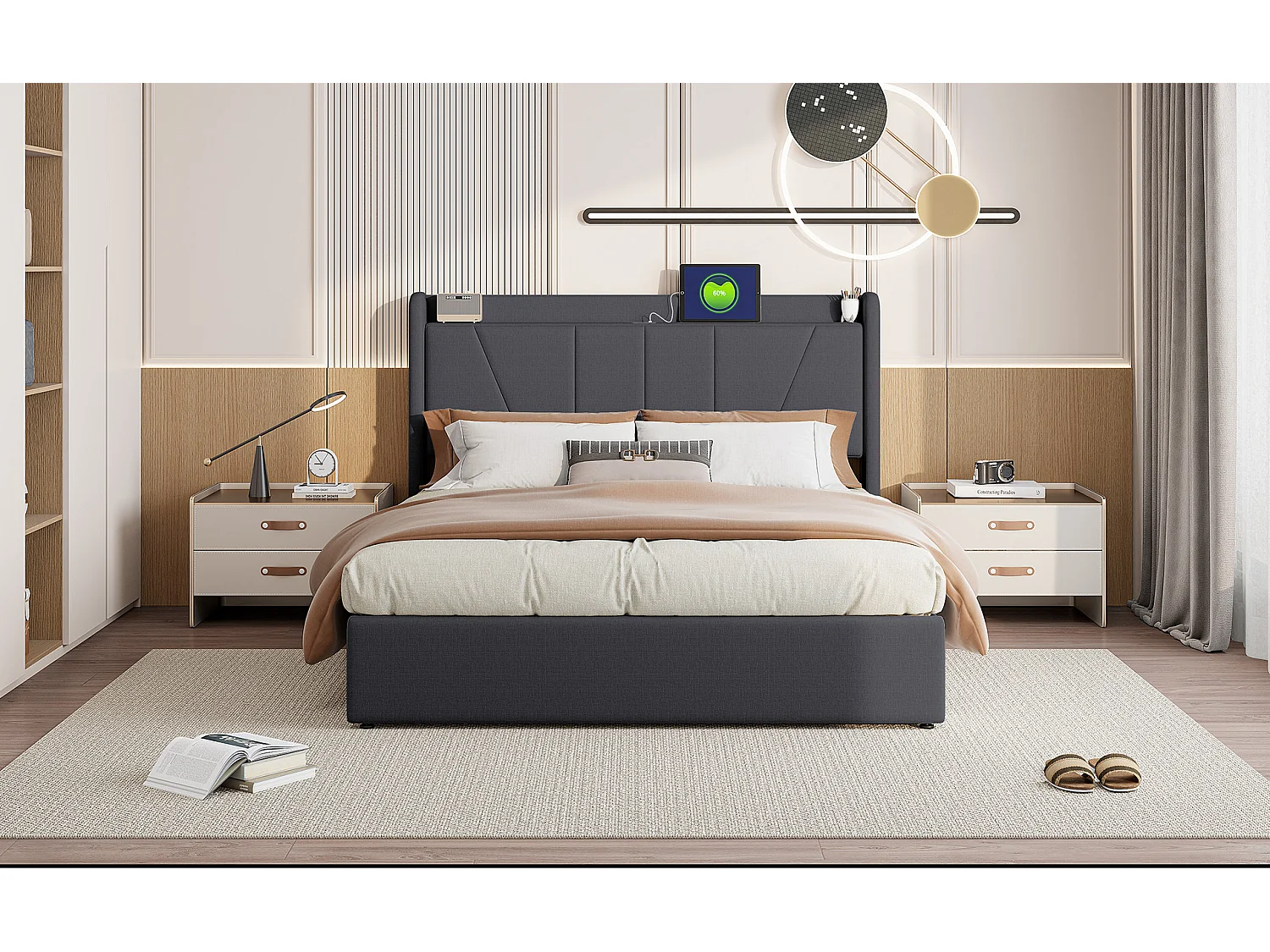 Lit Coffre Moderne avec Ccoffre de Rangement - Lit Capitonné - Cadre de Lit Double - Tête de Lit avec Port de Chargement USB - Gray - 160x200 - Linge