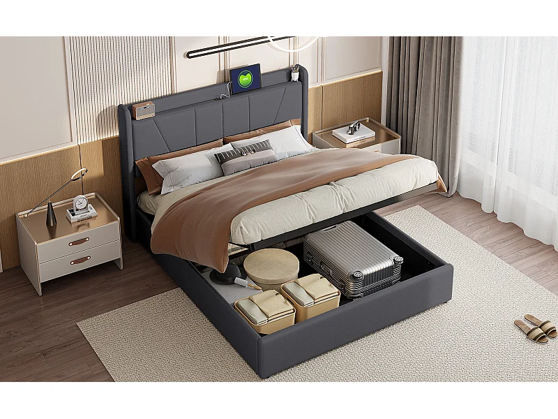 Lit Coffre Moderne avec Ccoffre de Rangement - Lit Capitonné - Cadre de Lit Double - Tête de Lit avec Port de Chargement USB - Gray - 160x200 - Linge