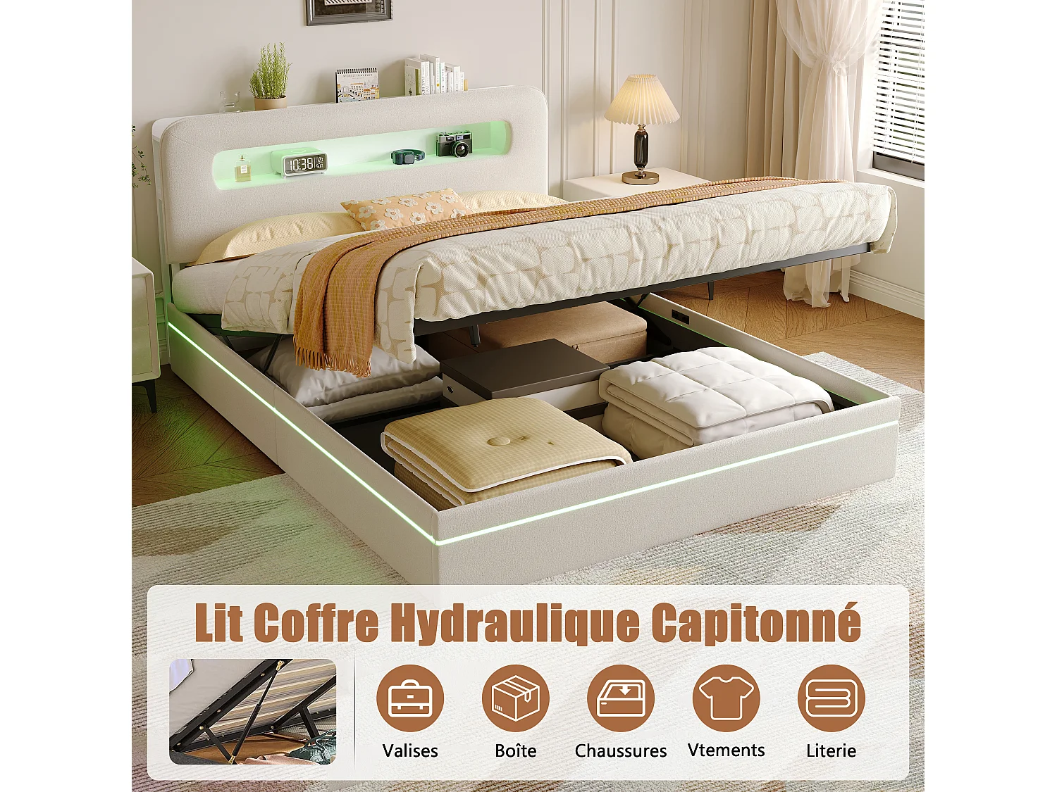 Lit Coffre à Pistons Hydrauliques - Bande Lumineuse Décorative à LED - Tissu velours - Cadre de Lit Double - 140x200cm - Beige