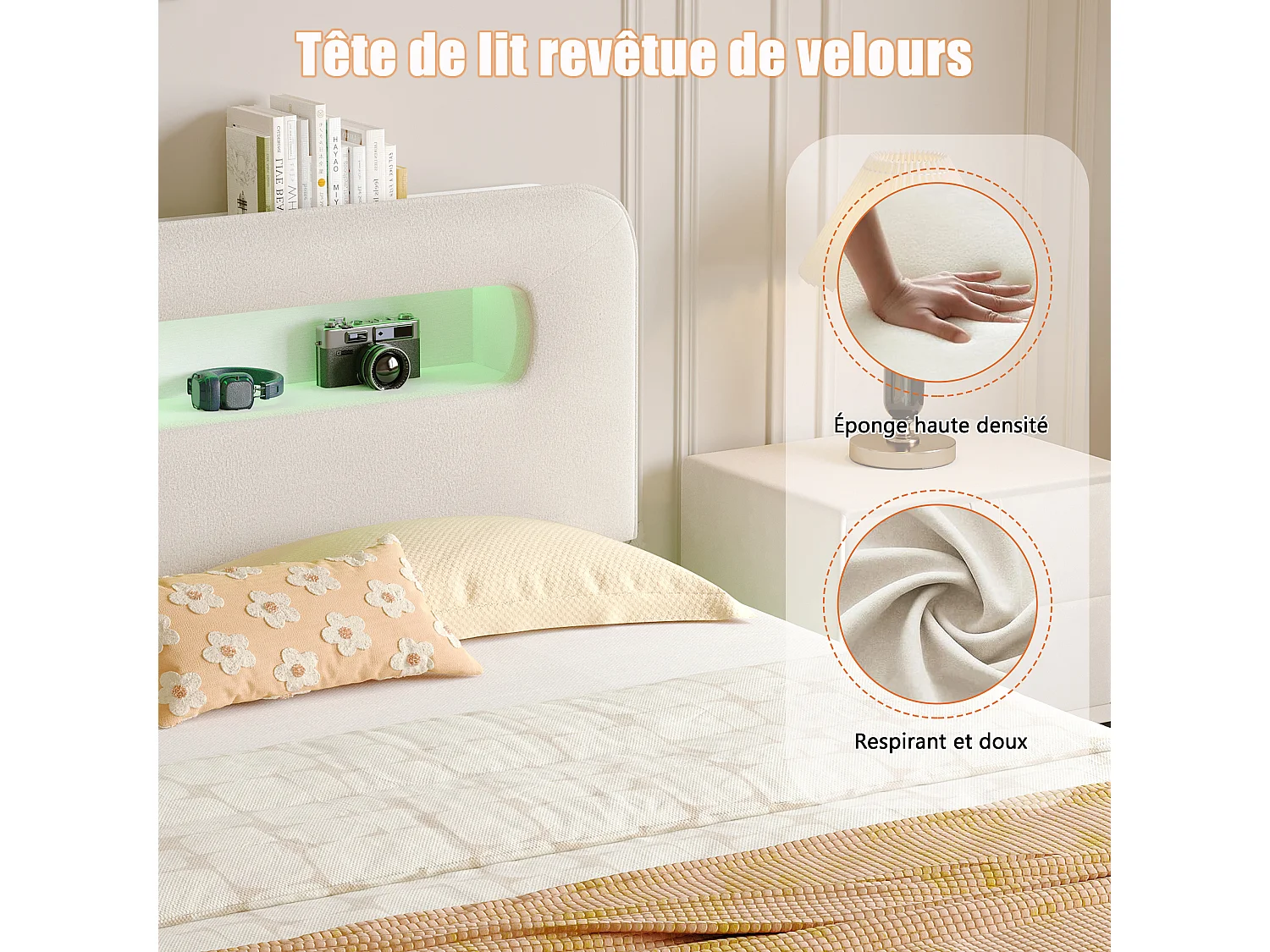 Lit Coffre à Pistons Hydrauliques - Bande Lumineuse Décorative à LED - Tissu velours - Cadre de Lit Double - 140x200cm - Beige