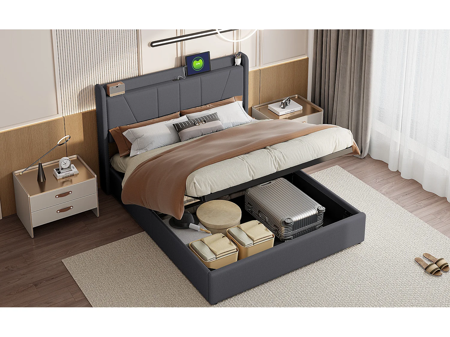 Lit Coffre Moderne avec Ccoffre de Rangement - Lit Capitonné - Cadre de Lit Double - Tête de Lit avec Port de Chargement USB - Gray - 140x200 - Linge