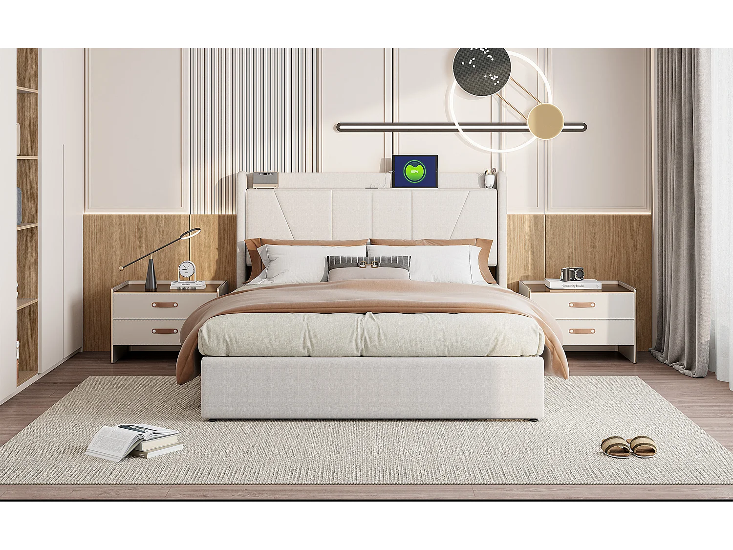 Lit Coffre Moderne avec Ccoffre de Rangement - Lit Capitonné - Cadre de Lit Double - Tête de Lit avec Port de Chargement USB - Beige - 160x200 - Linge