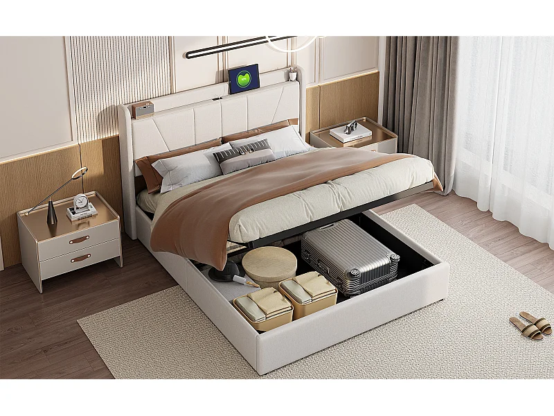 Lit Coffre Moderne avec Ccoffre de Rangement - Lit Capitonné - Cadre de Lit Double - Tête de Lit avec Port de Chargement USB - Beige - 160x200 - Linge