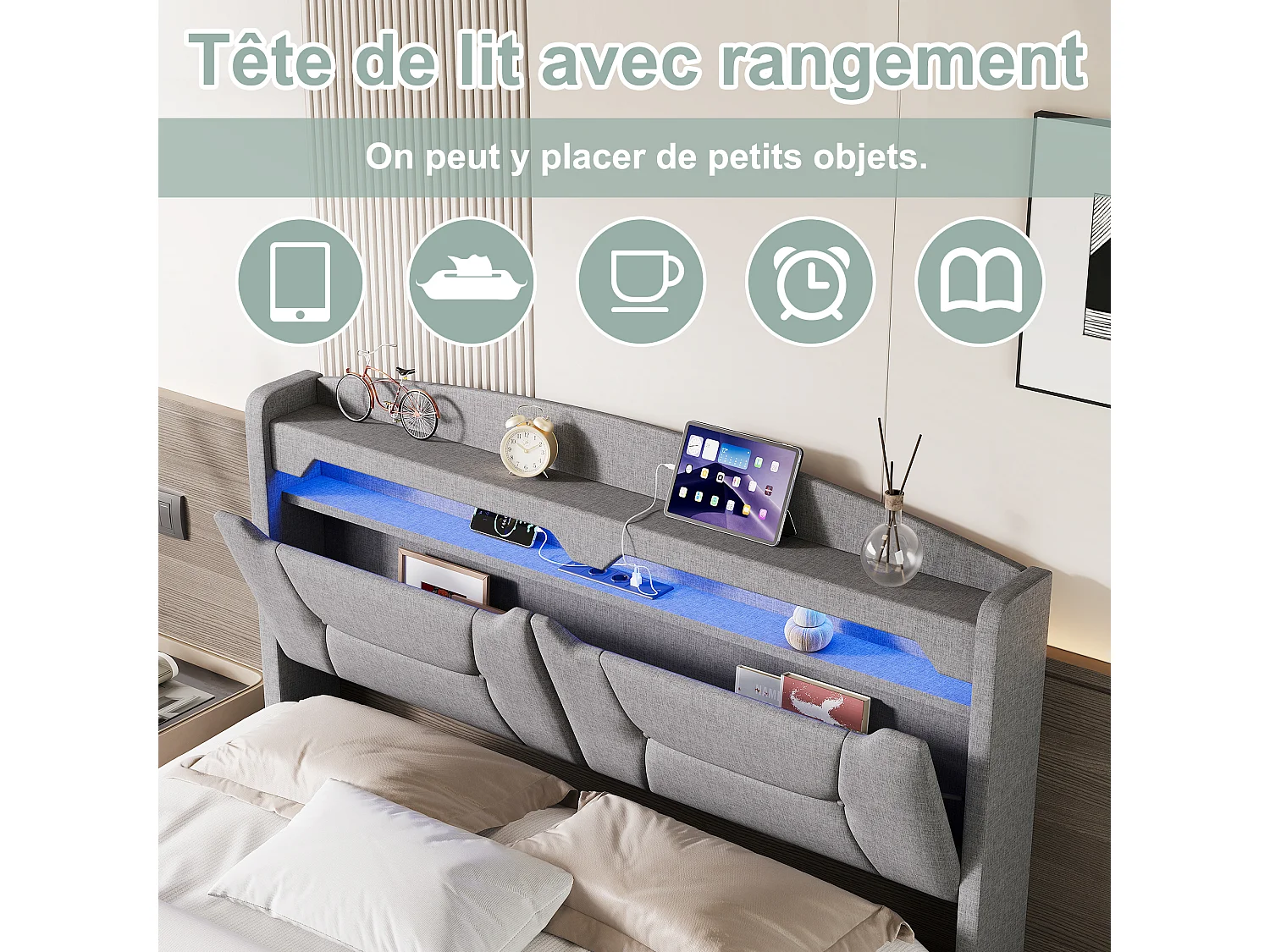 Coffre Lit Hydraulique - Cadre de Lit Double en Lin - Tête de Lit avec Bande LED RVB et Port USB - Gris clair - Linge - 140x190