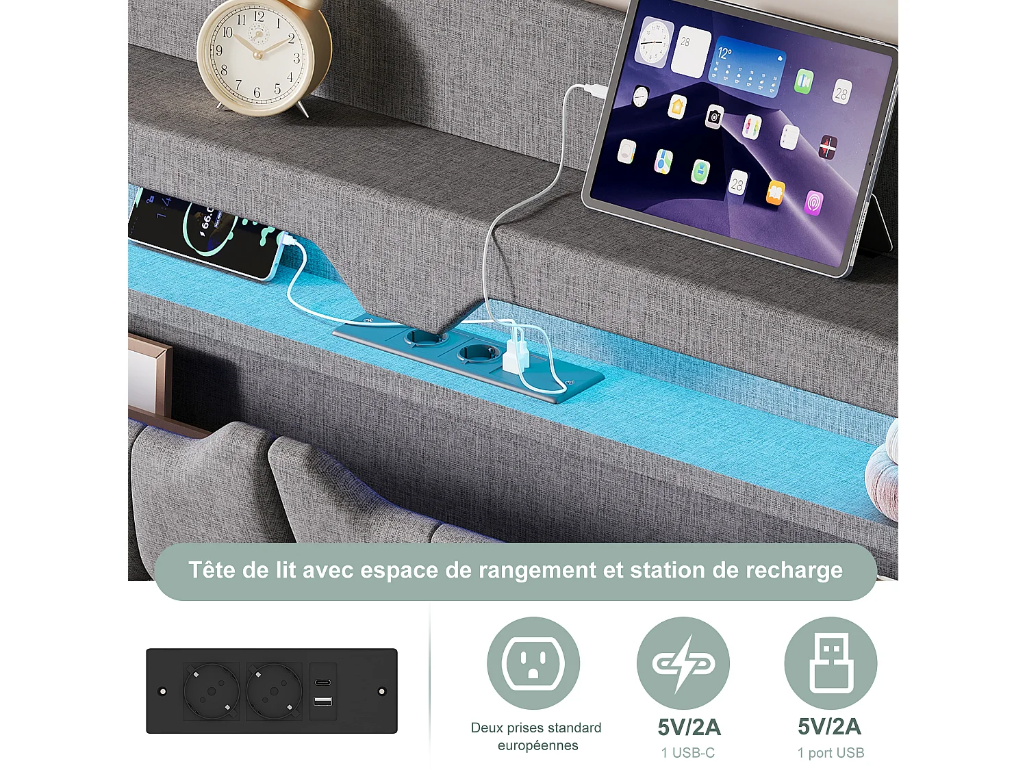 Coffre Lit Hydraulique - Cadre de Lit Double en Lin - Tête de Lit avec Bande LED RVB et Port USB - Gris clair - Linge - 140x190