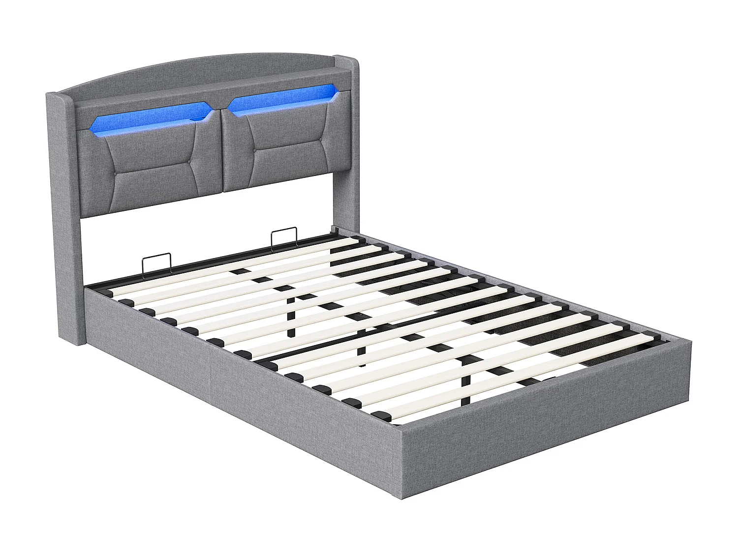 Coffre Lit Hydraulique - Cadre de Lit Double en Lin - Tête de Lit avec Bande LED RVB et Port USB - Gris clair - Linge - 140x190