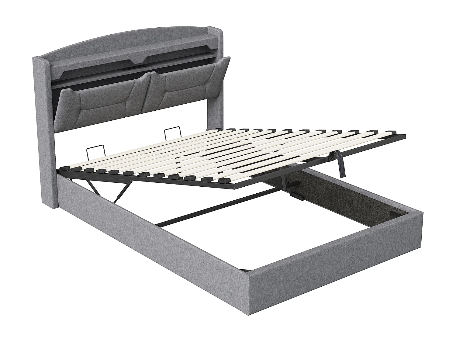 Coffre Lit Hydraulique - Cadre de Lit Double en Lin - Tête de Lit avec Bande LED RVB et Port USB - Gris clair - Linge - 140x190