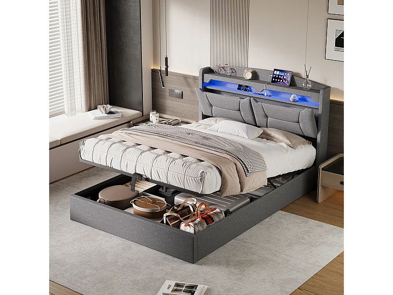Coffre Lit Hydraulique - Cadre de Lit Double en Lin - Tête de Lit avec Bande LED RVB et Port USB - Gris clair - Linge - 140x190