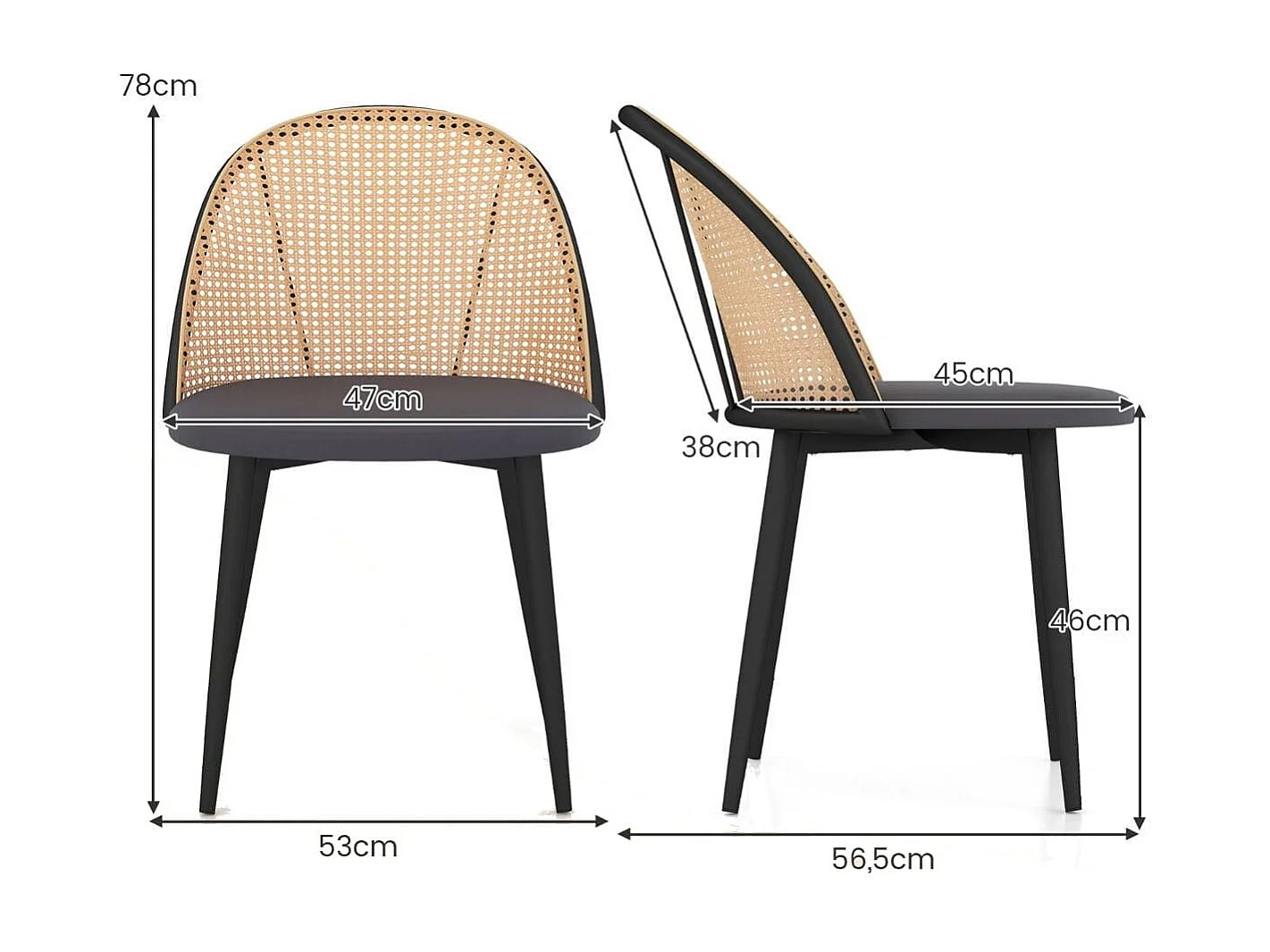 Set di 2 sedie da pranzo con schienale in rattan sedile imbottito, Sedie da cucina in stile rustico Grigio