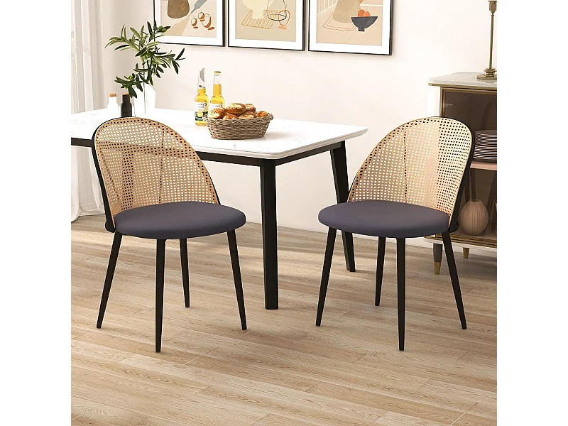 Set di 2 sedie da pranzo con schienale in rattan sedile imbottito, Sedie da cucina in stile rustico Grigio