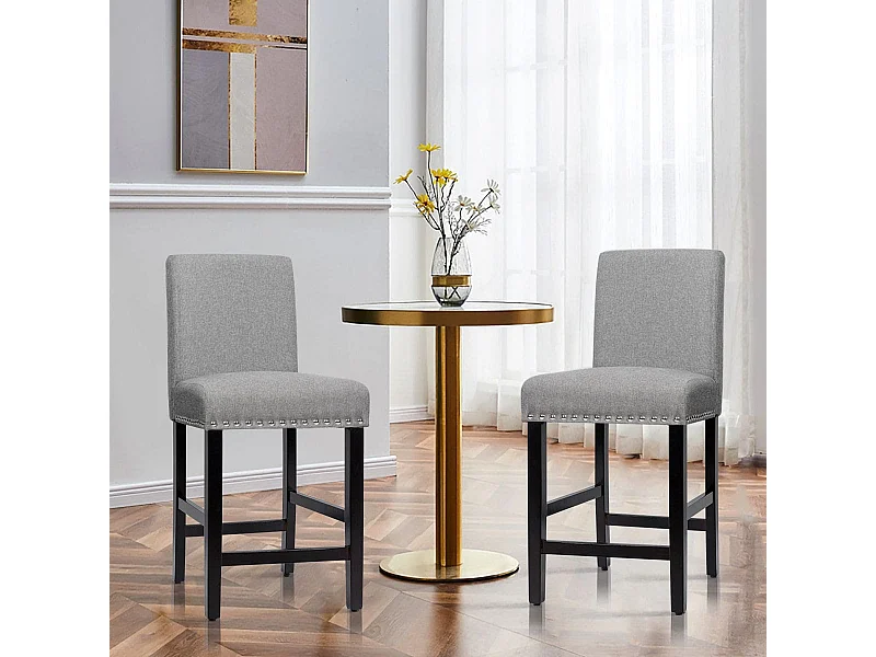 2er Set Barhocker mit Beinen aus Gummiholz & Atmungsaktivem Leinengewebe Barstühle Grau