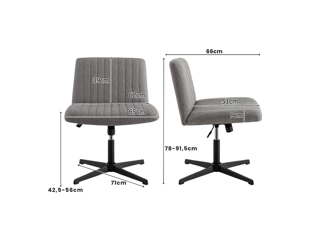 Chaise de Bureau sans Roulettes avec Siège Rembourré Large Bascule à 120° Hauteur Réglable Sans Accoudoirs Gris