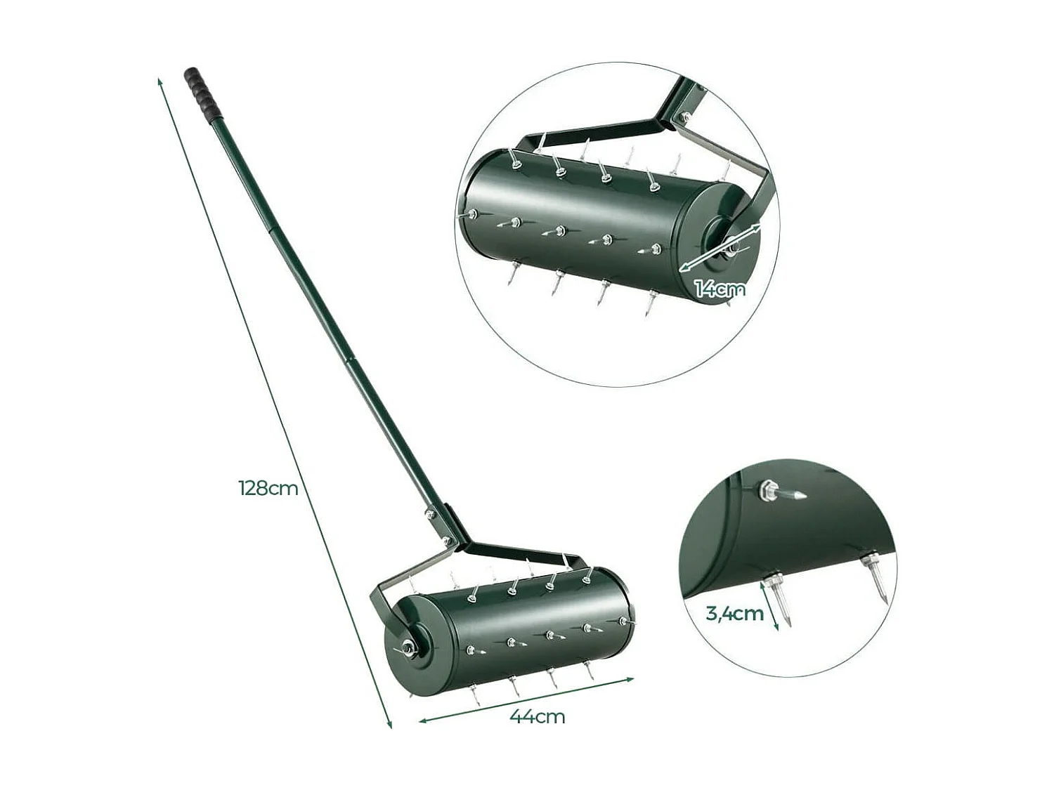 Rasenlüfter Walze manuell 44 x 128 cm Rasenrolle mit Stiel & Nägeln Grün