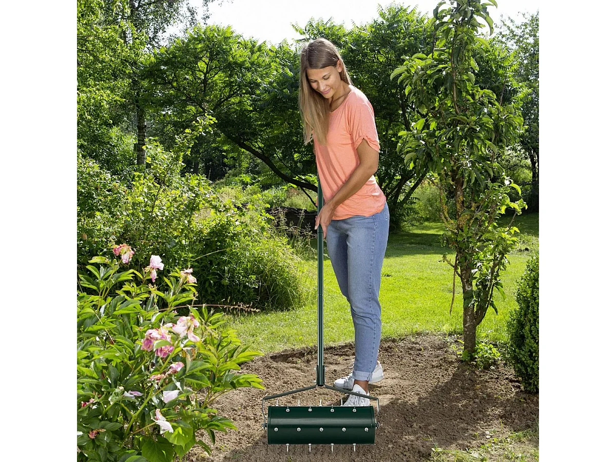 Rasenlüfter Walze manuell 44 x 128 cm Rasenrolle mit Stiel & Nägeln Grün