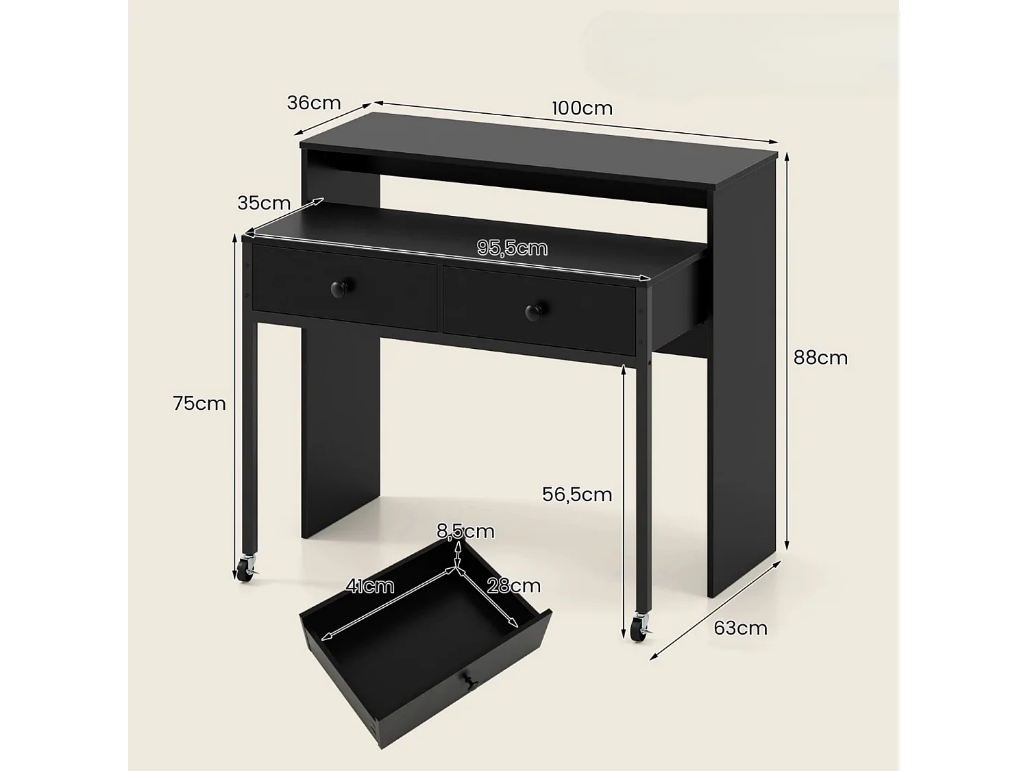 Scrivania allungabile piccola scrivania per computer con 2 cassetti e rotelle 100 x 63 x 88 cm nero