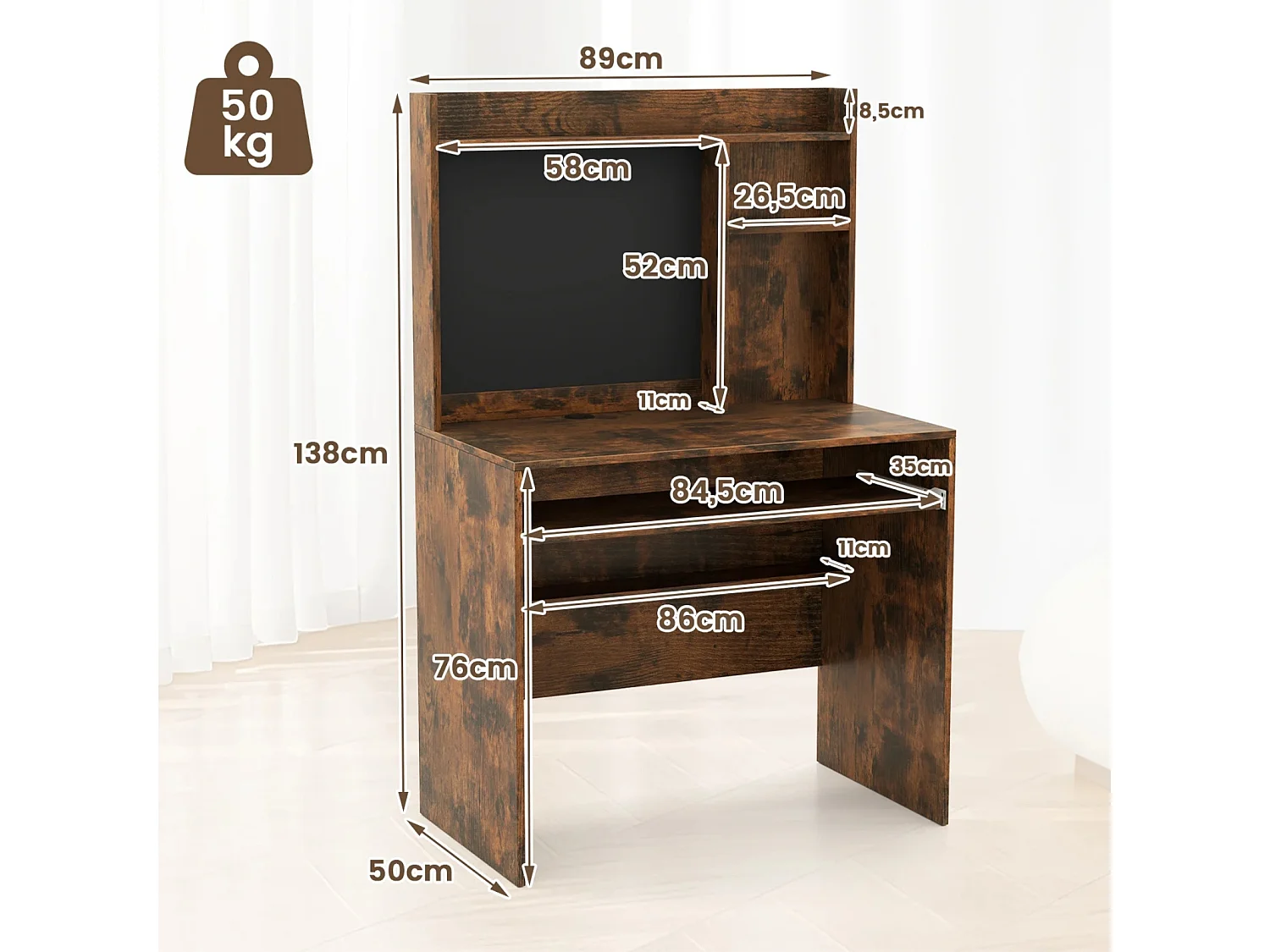 Scrivania per computer con lavagna magnetica, Scrivania moderna con ripiano e vassoio per tastiera Marrone