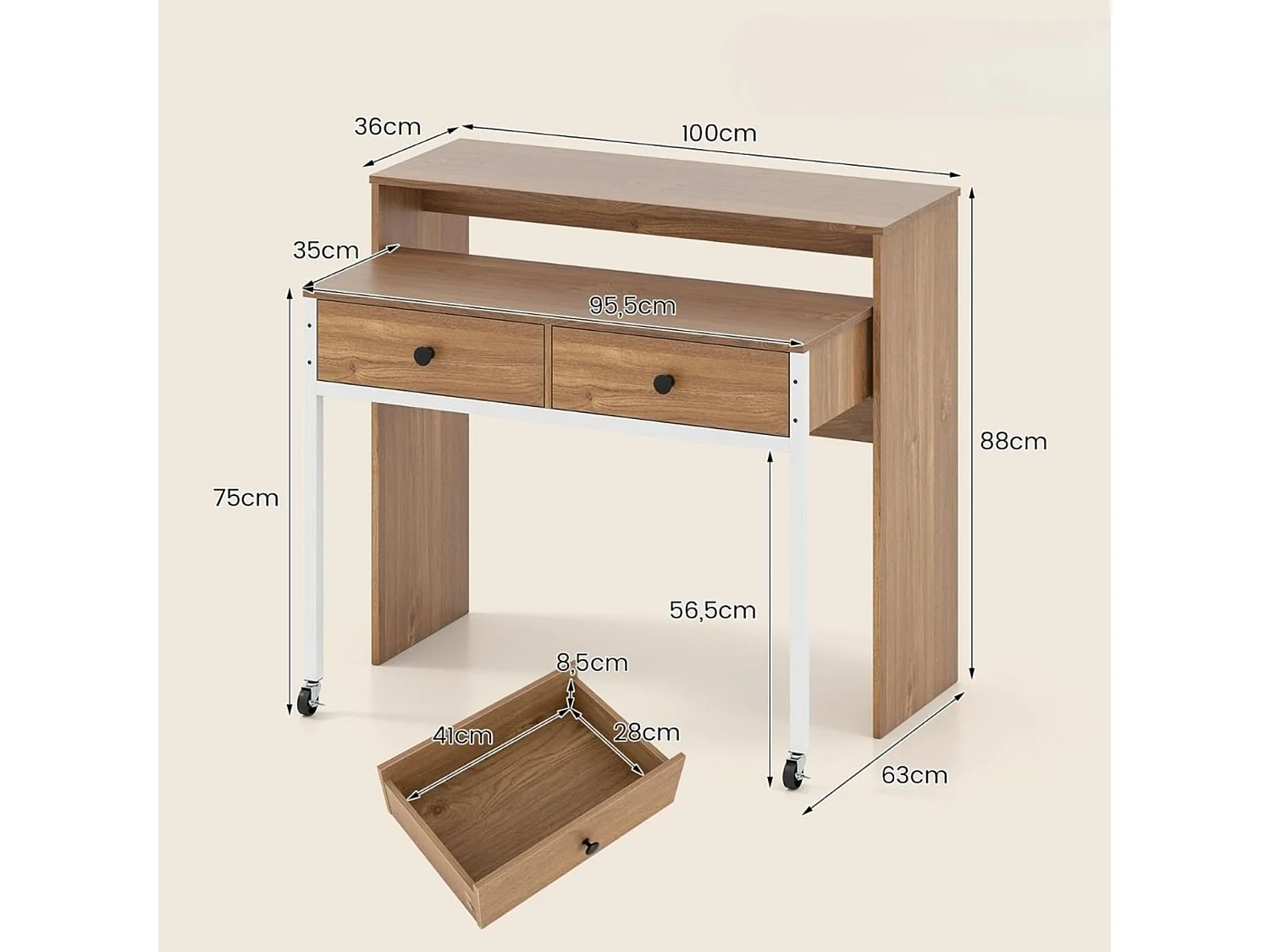 Bureau d'Ordinateur Rétractable Bureau de Rangement Gain de Place avec Tiroirs Coiffeuse Compacte avec Roulettes Naturel