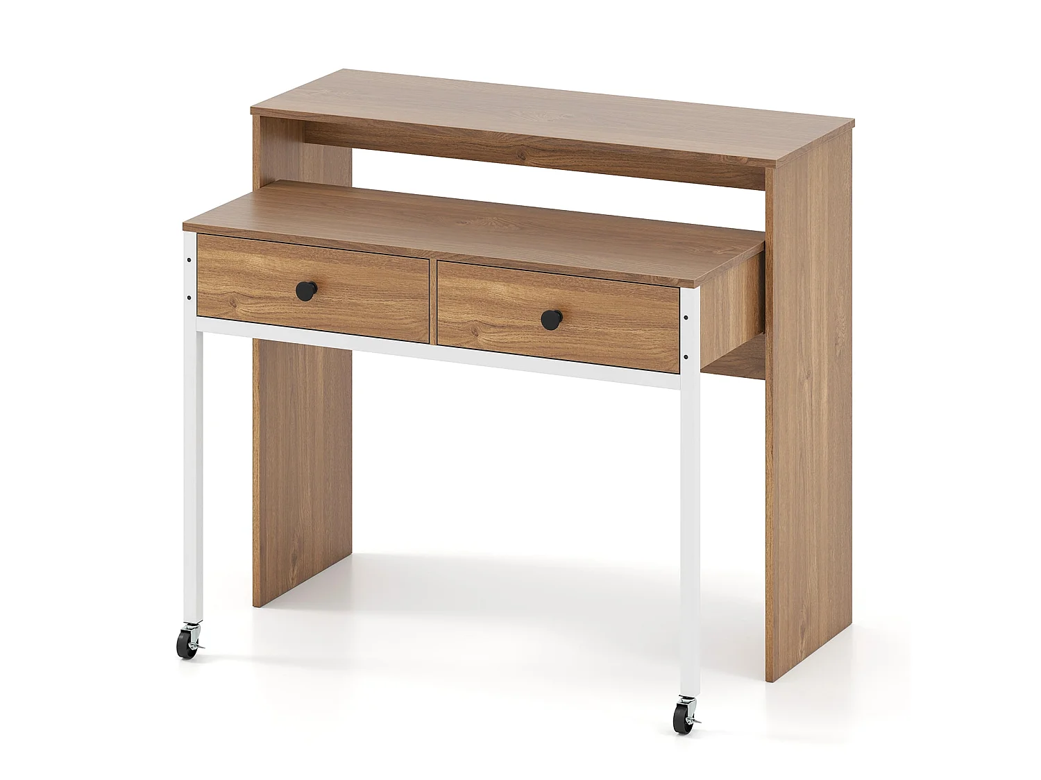 Bureau d'Ordinateur Rétractable Bureau de Rangement Gain de Place avec Tiroirs Coiffeuse Compacte avec Roulettes Naturel