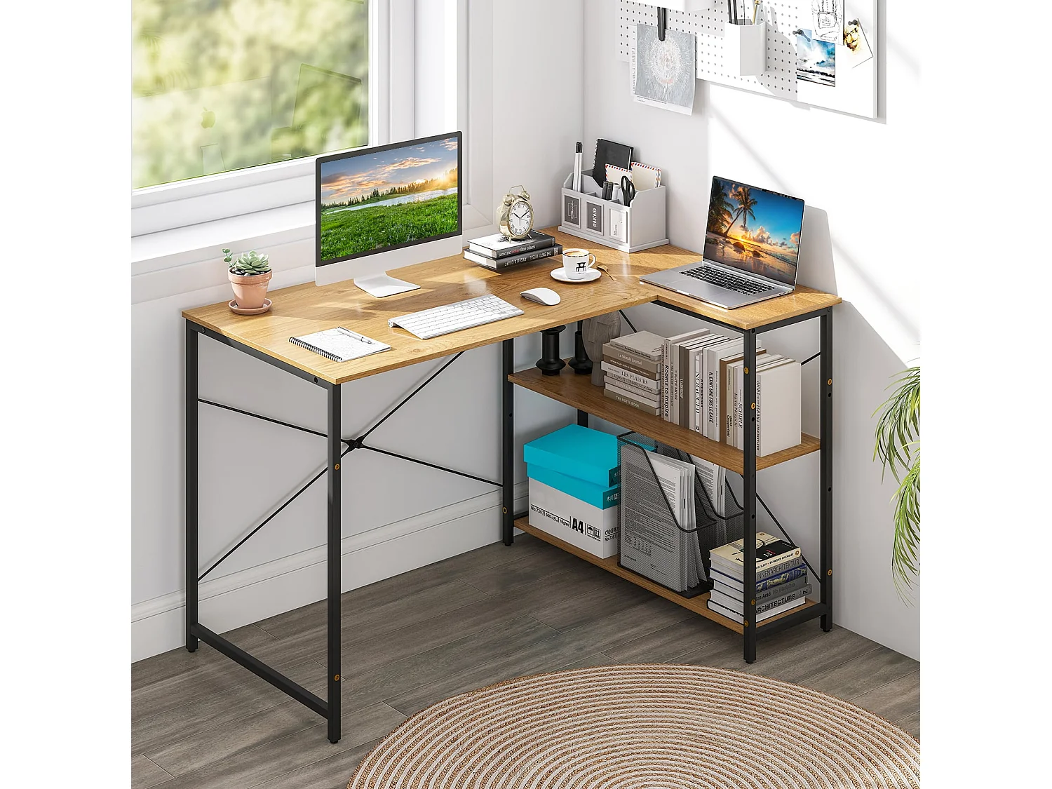 Scrivania angolare a forma di L con ripiano regolabile, Tavolo da studio salvaspazio per ufficio in casa Naturale