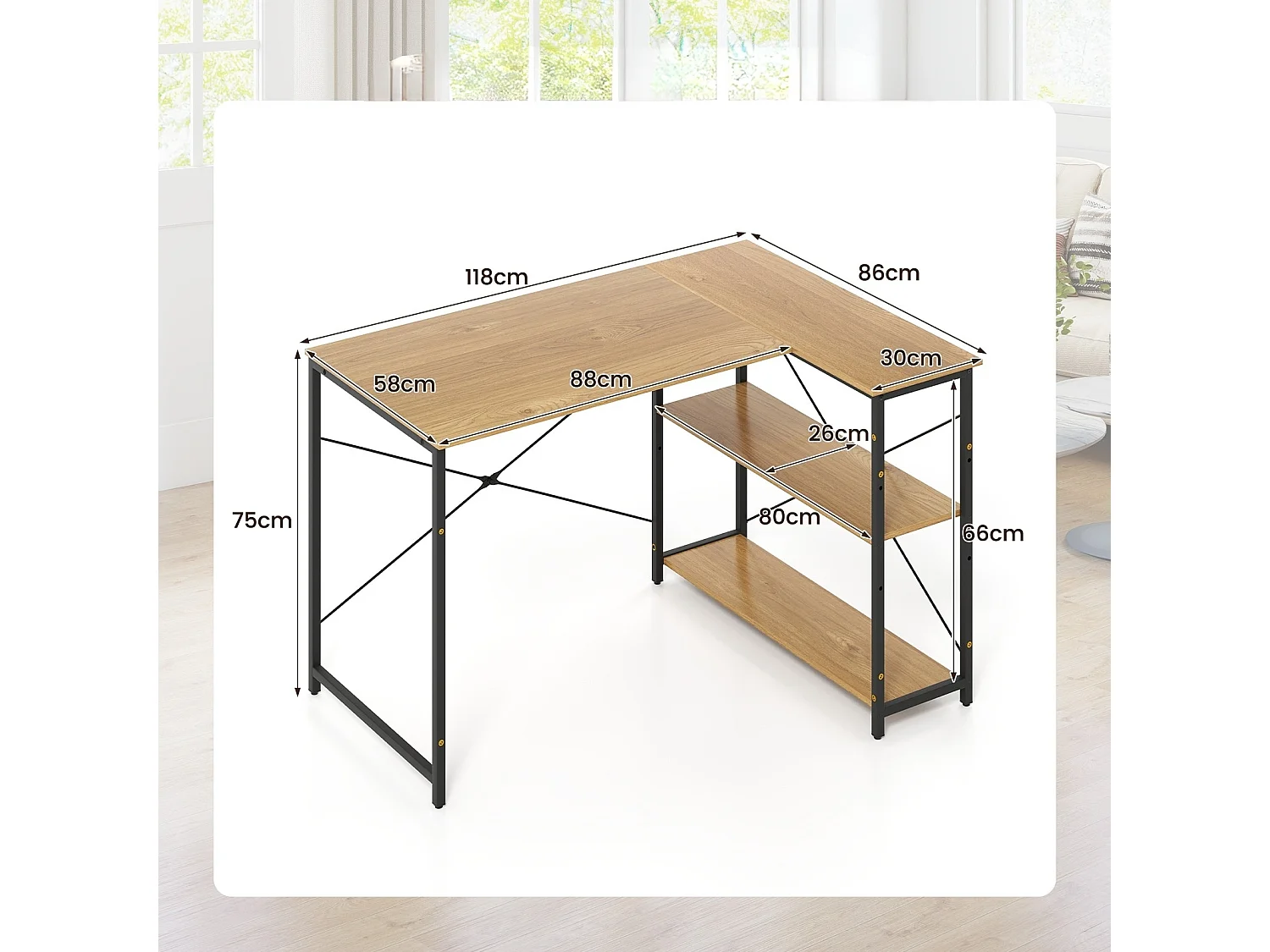 Scrivania angolare a forma di L con ripiano regolabile, Tavolo da studio salvaspazio per ufficio in casa Naturale