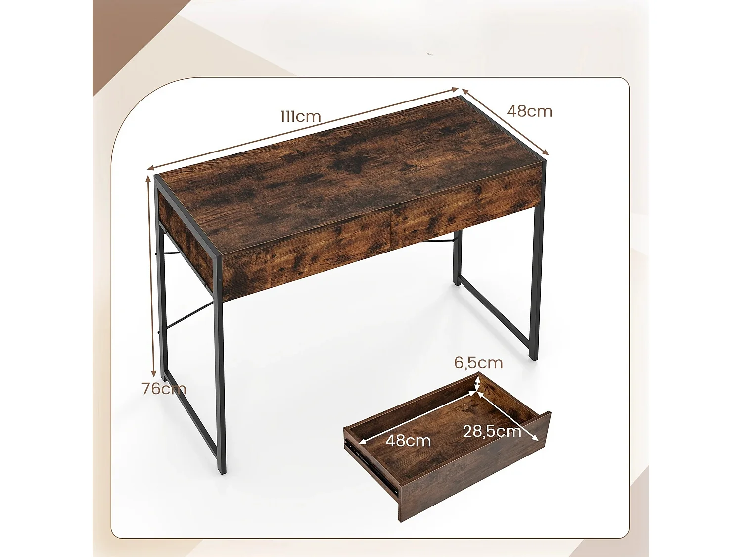 Scrivania per computer con 2 cassetti Scrivania compatta Tavolo da lavoro Tavolo da toilette Marrone rustico