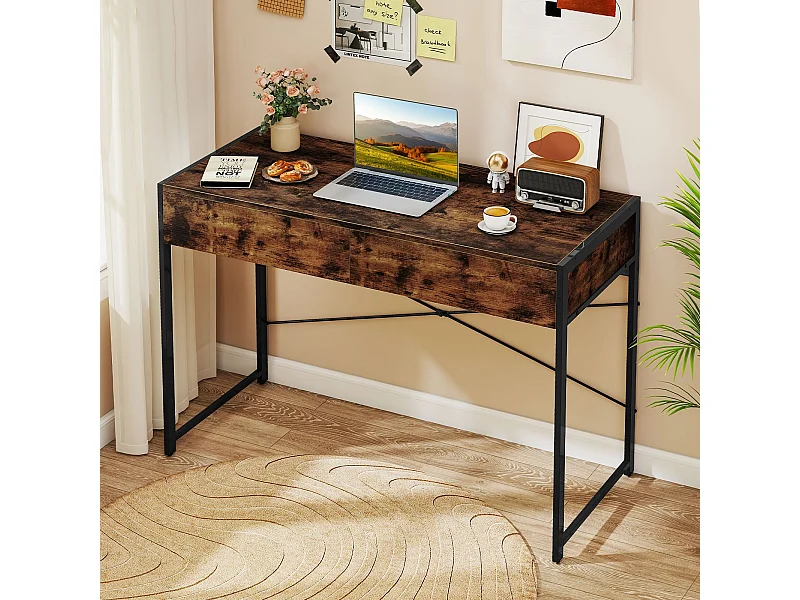 Scrivania per computer con 2 cassetti Scrivania compatta Tavolo da lavoro Tavolo da toilette Marrone rustico