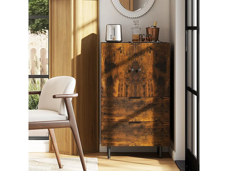 Credenza a 2 ante con cassetti e contenitori Mobile bar autoportante con gambe in metallo Vetrina per caffè