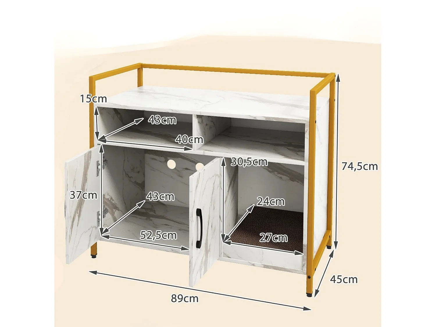 Katzenschrank Katzentoilette mit Doppeltüren & Kratzunterlage Katzenhaus mit offenem Regal & 2 Fächern Weiß-Marmor
