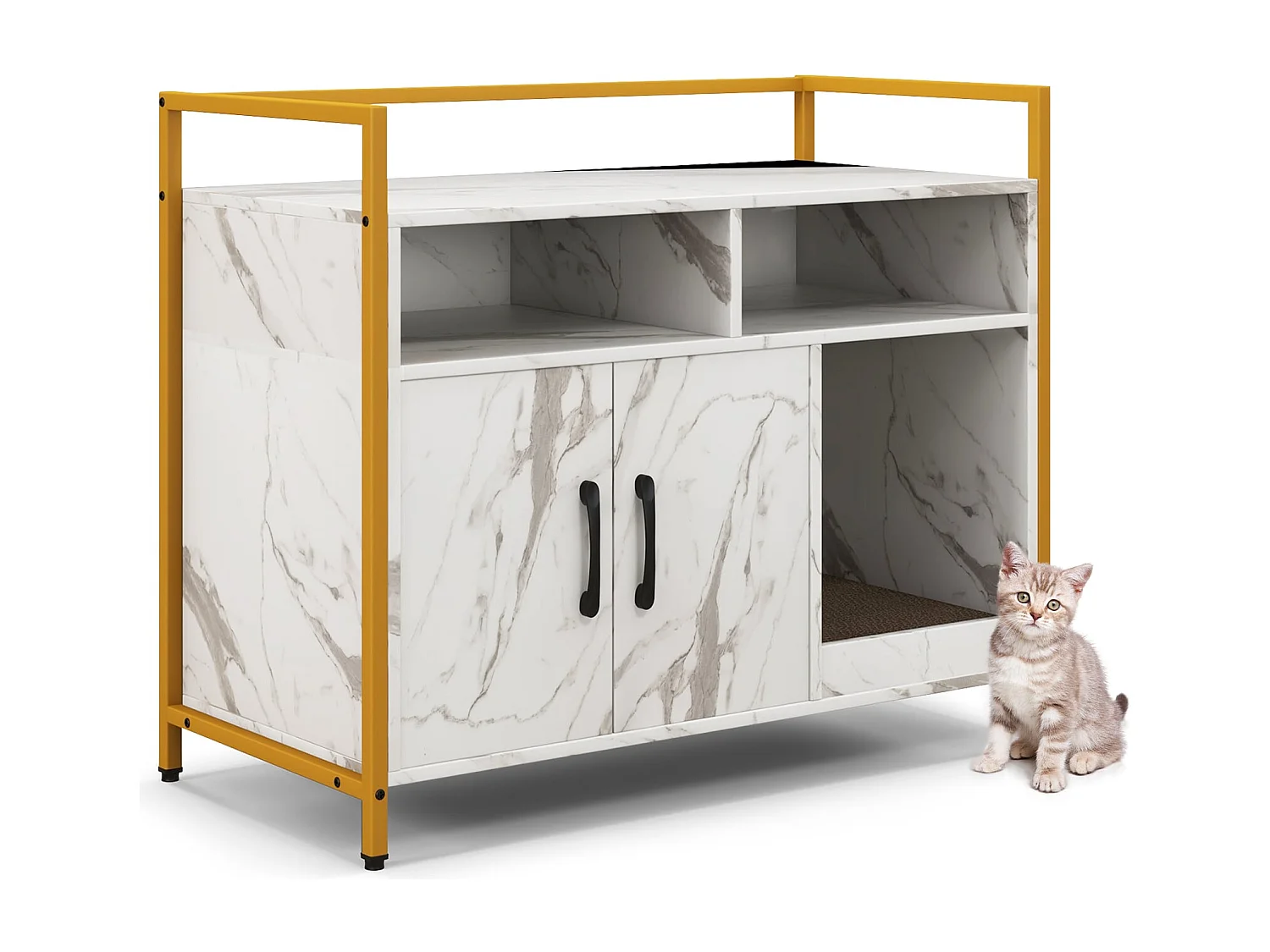 Katzenschrank Katzentoilette mit Doppeltüren & Kratzunterlage Katzenhaus mit offenem Regal & 2 Fächern Weiß-Marmor