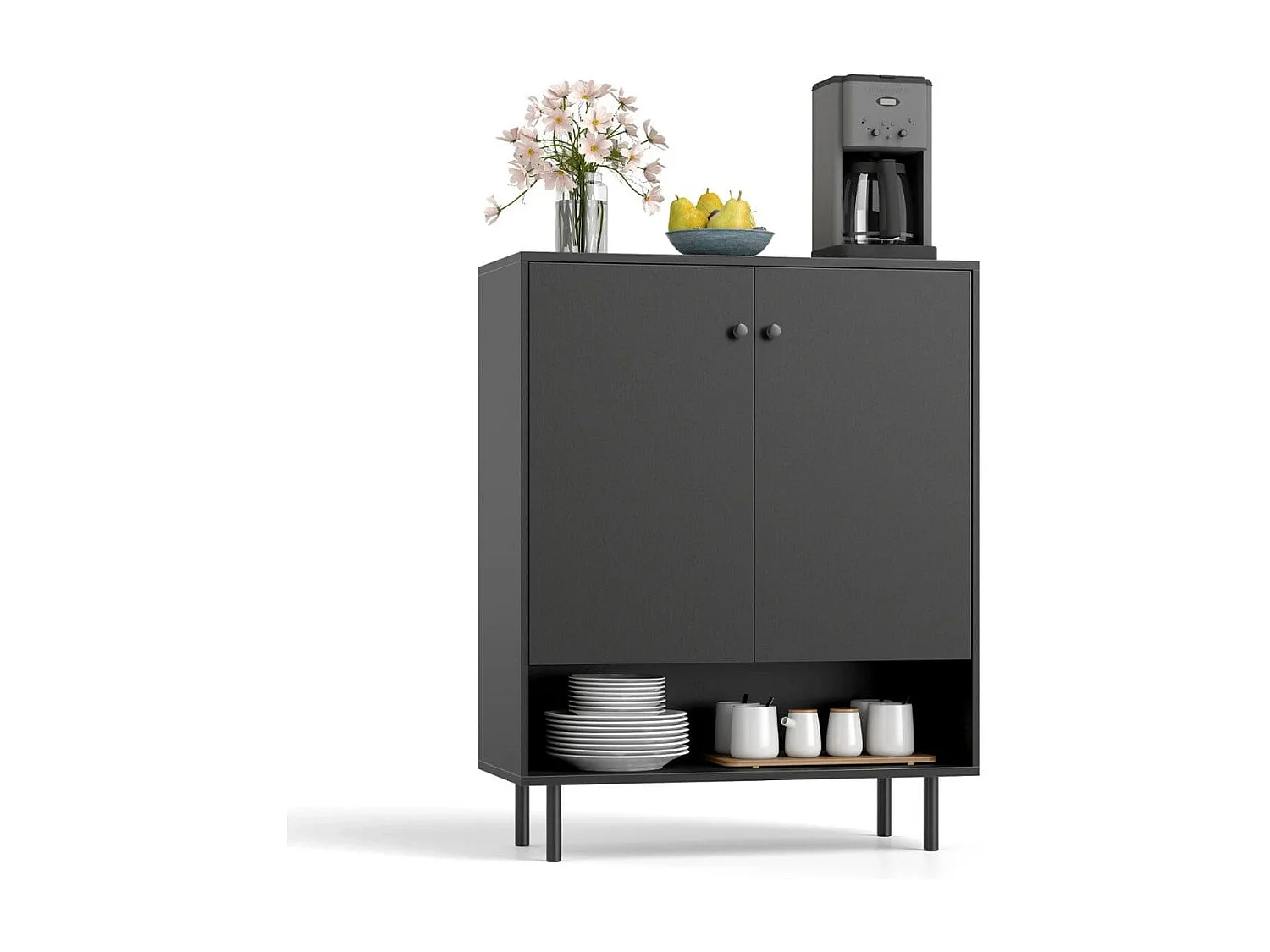 Cassettiera con ripiani regolabili e 2 ante Armadio buffet Armadio da cucina Armadio portaoggetti Nero