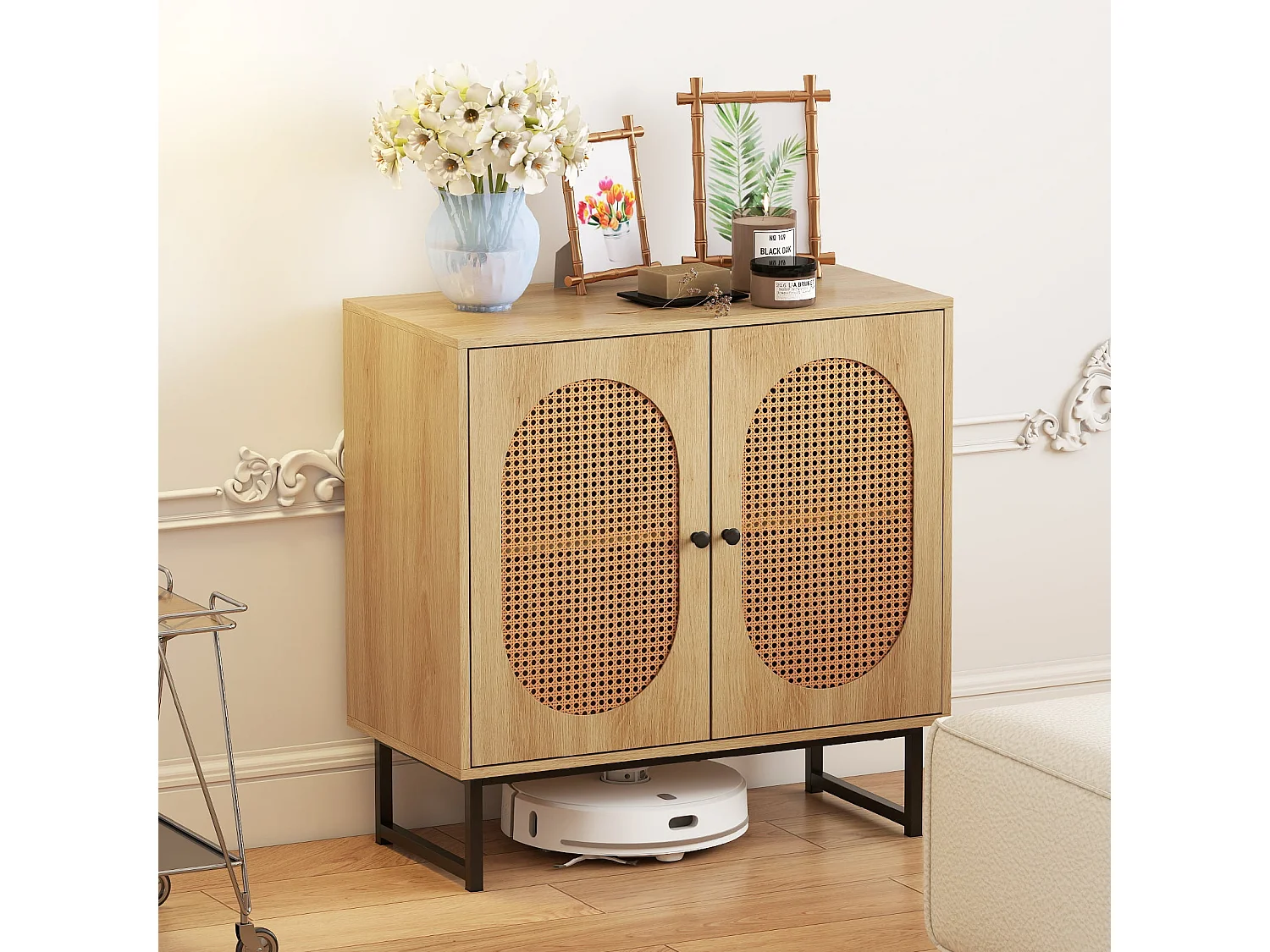 Buffet Cabinet Armoire de Rangement en Rotin avec 2 Portes Étagère Réglable Pieds en Métal Meuble d'Accent au Sol Buffet Bohème Naturel