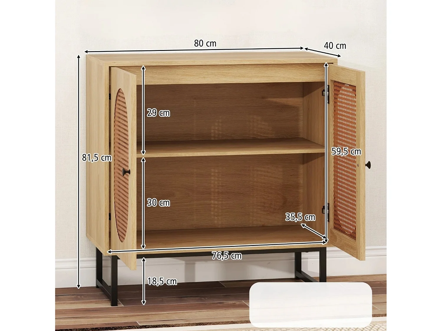 Buffet Cabinet Armoire de Rangement en Rotin avec 2 Portes Étagère Réglable Pieds en Métal Meuble d'Accent au Sol Buffet Bohème Naturel