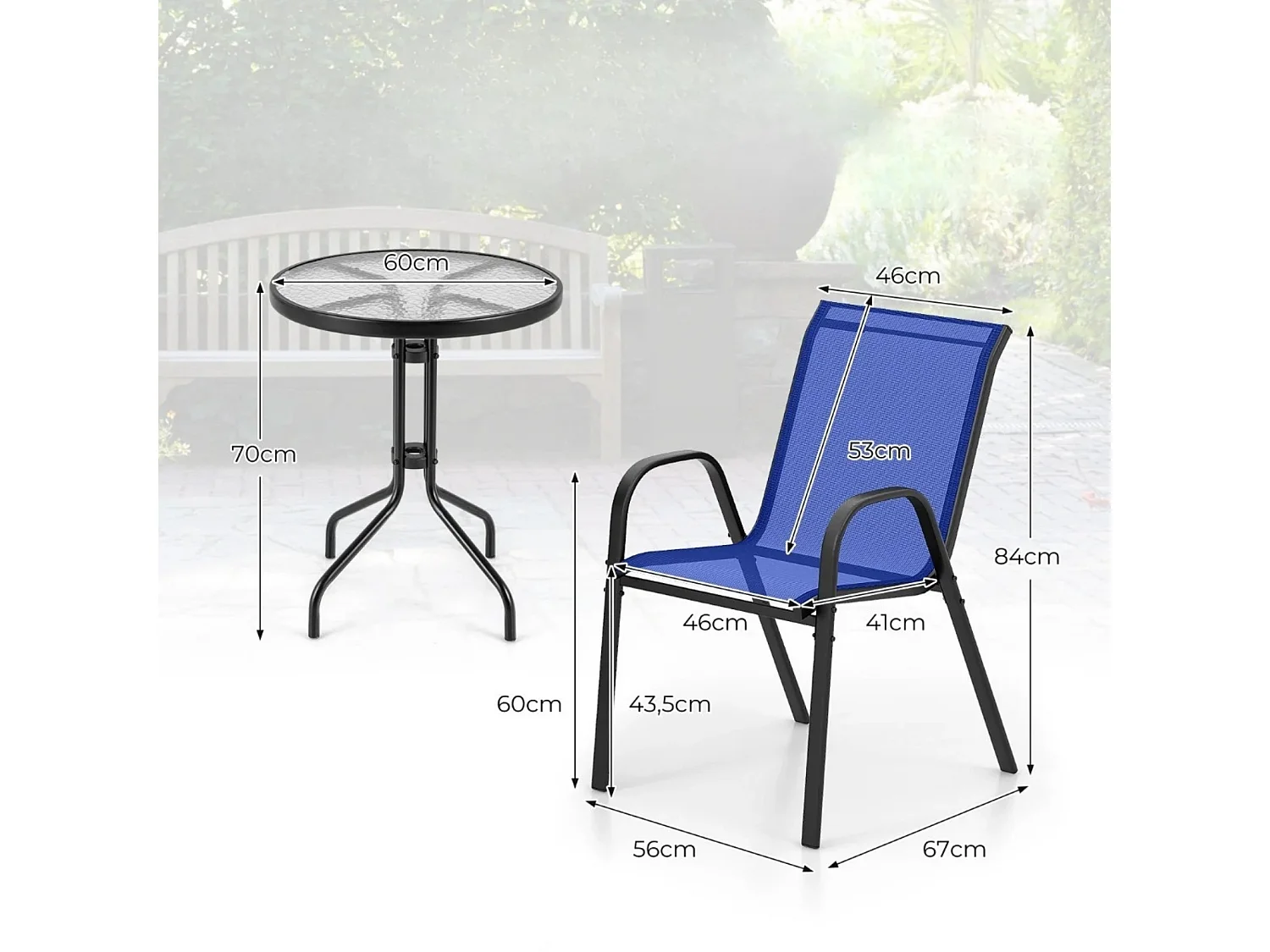 Set da giardino Bistro 3 pezzi Tavolo rotondo con 2 sedie impilabili Mobili da conversazione con piano in vetro temperato blu
