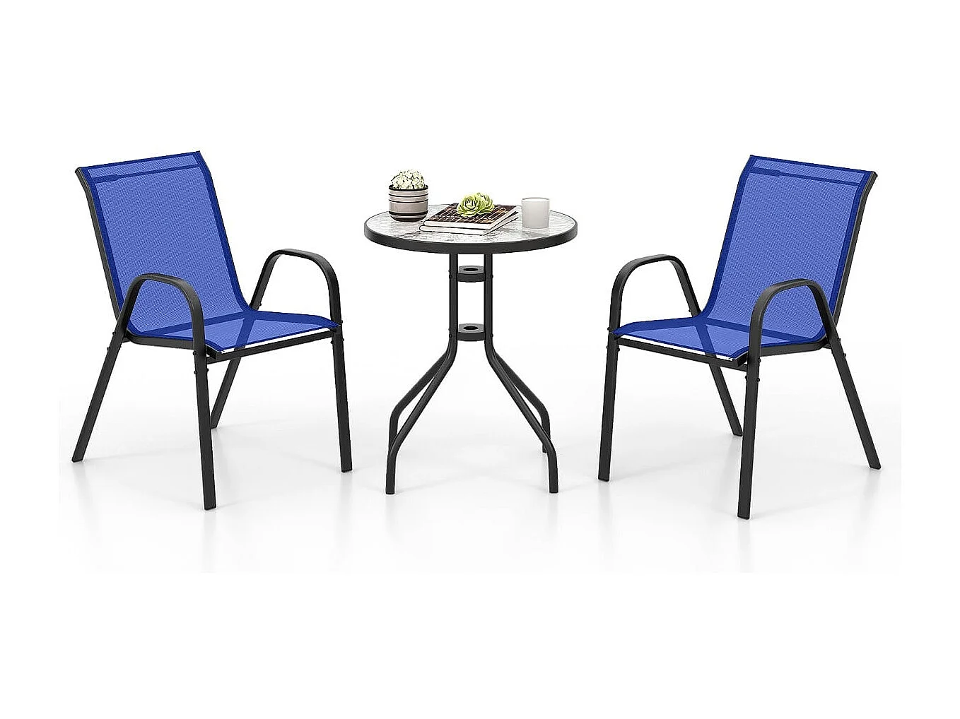 Set da giardino Bistro 3 pezzi Tavolo rotondo con 2 sedie impilabili Mobili da conversazione con piano in vetro temperato blu