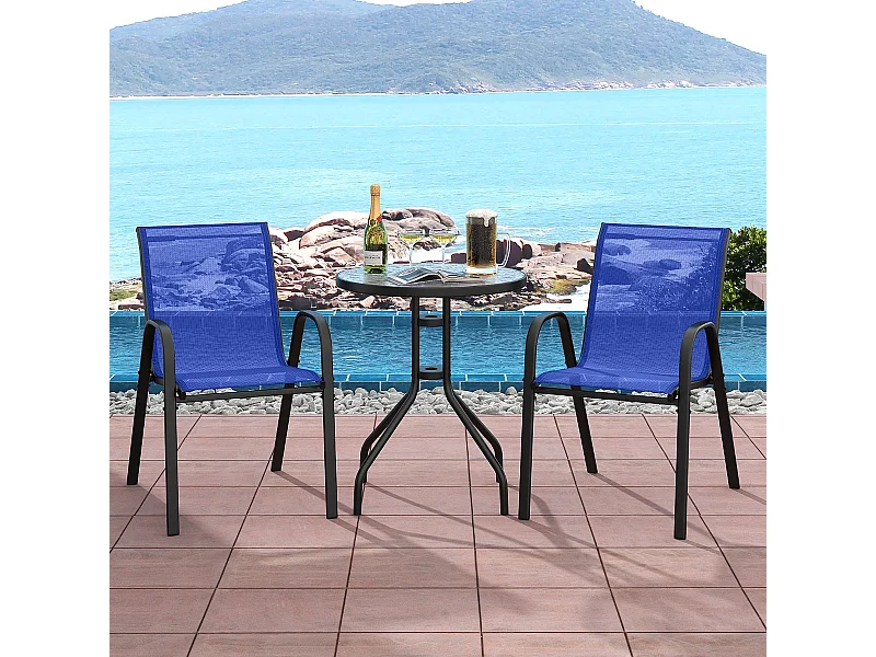 Set da giardino Bistro 3 pezzi Tavolo rotondo con 2 sedie impilabili Mobili da conversazione con piano in vetro temperato blu