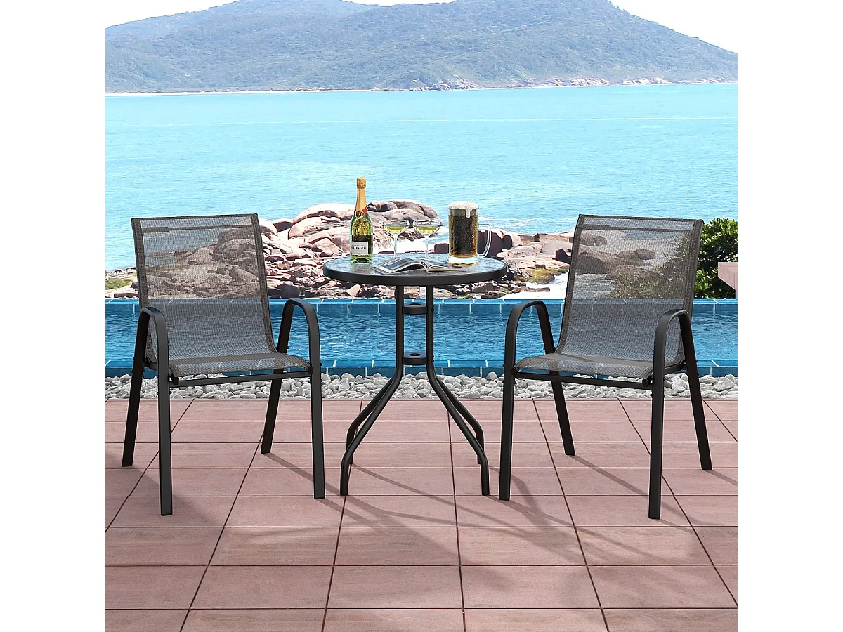 3-tlg. Bistro-Set für draußen runder Beistelltisch mit 2 stapelbaren Stühlen Sitzgruppe mit Tischplatte Grau