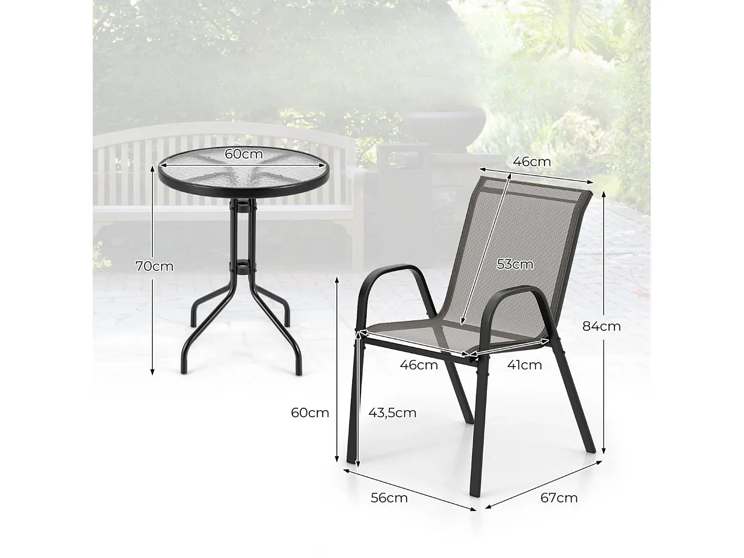 3-tlg. Bistro-Set für draußen runder Beistelltisch mit 2 stapelbaren Stühlen Sitzgruppe mit Tischplatte Grau