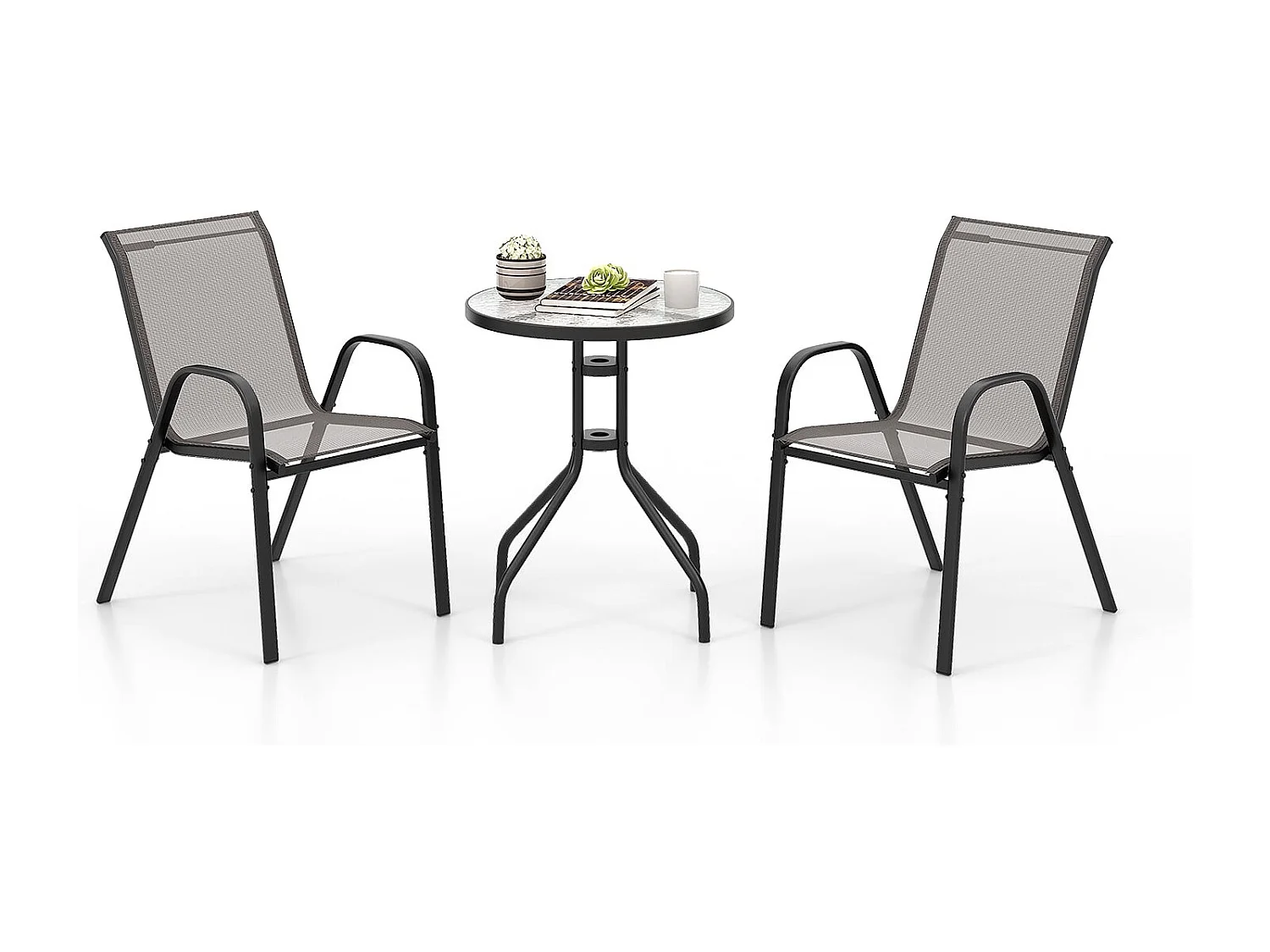 3-tlg. Bistro-Set für draußen runder Beistelltisch mit 2 stapelbaren Stühlen Sitzgruppe mit Tischplatte Grau
