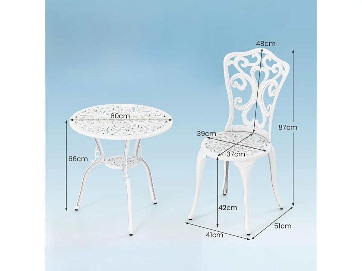 Sedie e tavolo in alluminio fuso resistente a tutti i tempi con foro per ombrello, Sedie e tavolo da patio a 3 pezzi Bianco