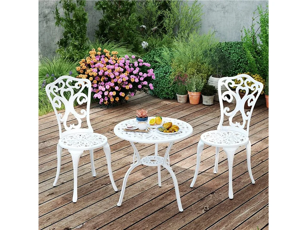 Sedie e tavolo in alluminio fuso resistente a tutti i tempi con foro per ombrello, Sedie e tavolo da patio a 3 pezzi Bianco